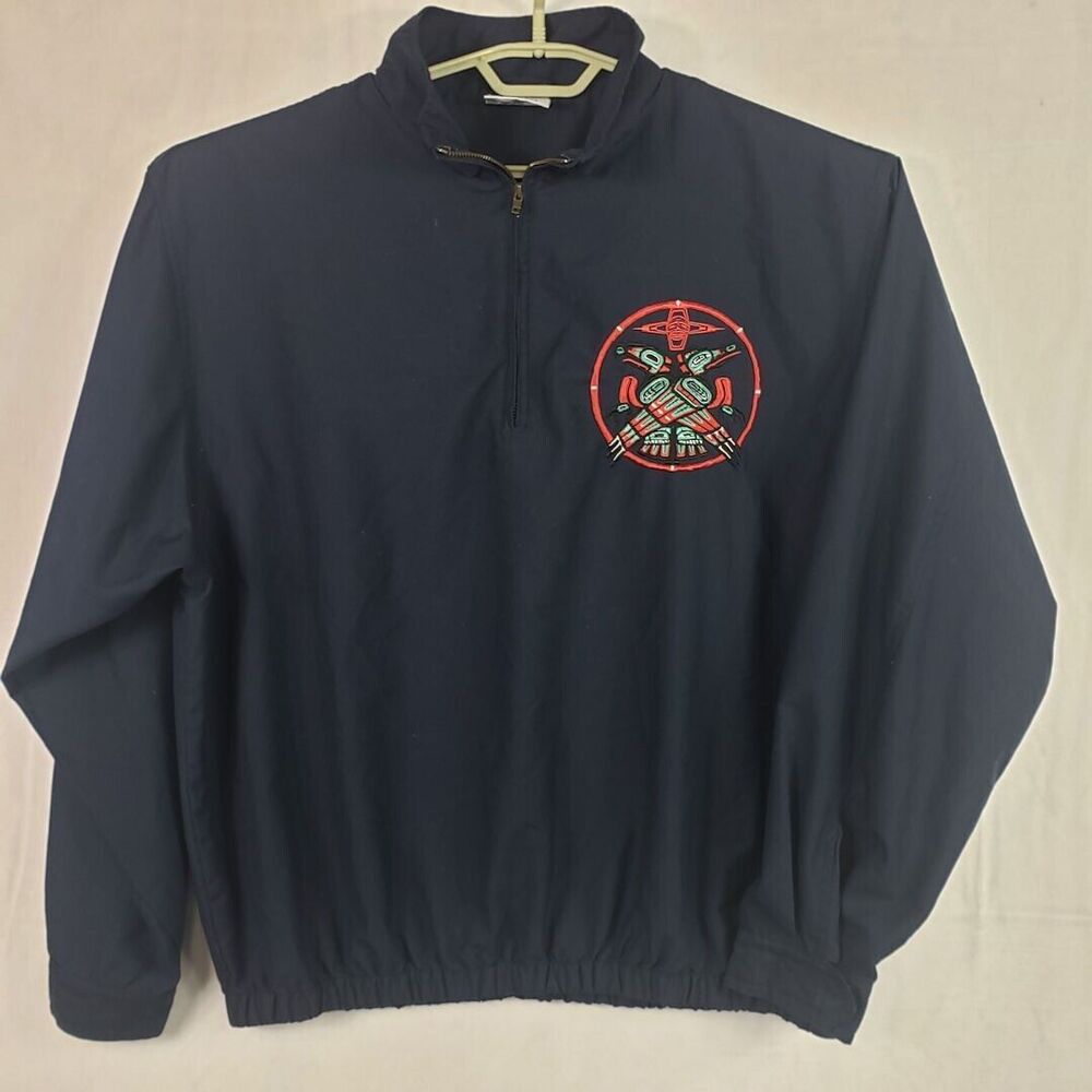 Fahrenheit Windbreaker Jacket Men L Navy Blue 1/4 Zip Pullover Embroidered Patch